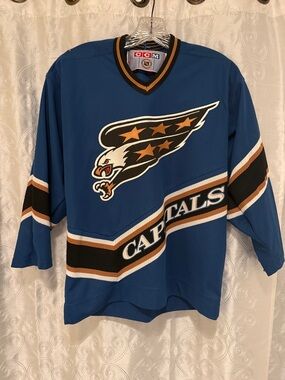 CCM Blue Washington Capitals Alternate Hockey Jersey Boys Size L/XL NHL 🔥 BL2